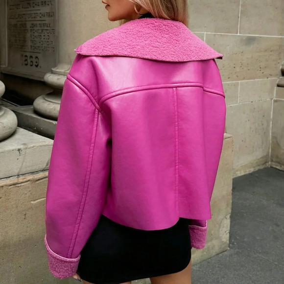 Hot Pink Casual Women's Thermal Lined Cropped Jacket - Picture 2 of 8